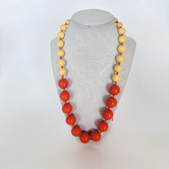 Gum Ball Chunky Beaded Necklace Knotted Tie Satin Ribbon Graduated Orange Yellow - Picture 2 of 7